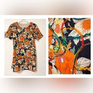 you u Floral Orange Swing Midi Dress Pockets Yarn Design Groovy Boho Cotton S/M